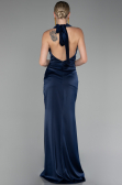 Navy Blue Halter Neckline Slit Satin Plus Size Evening Dress ABU4110
