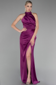 Plum Halter Neckline Slit Satin Plus Size Evening Dress ABU4110