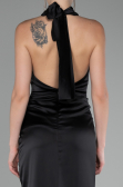 Black Halter Neckline Slit Satin Plus Size Evening Dress ABU4110