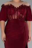 Burgundy Short Sleeve Embroidered Slit Long Plus Size Evening Gown ABU4100