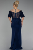 Navy Blue Short Sleeve Embroidered Slit Long Plus Size Evening Gown ABU4100