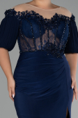 Navy Blue Short Sleeve Embroidered Slit Long Plus Size Evening Gown ABU4100