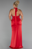 Red Halter Neckline Slit Satin Plus Size Evening Dress ABU4110