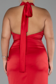 Red Halter Neckline Slit Satin Plus Size Evening Dress ABU4110