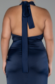 Navy Blue Halter Neckline Slit Satin Plus Size Evening Dress ABU4110