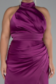 Plum Halter Neckline Slit Satin Plus Size Evening Dress ABU4110