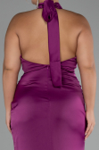 Plum Halter Neckline Slit Satin Plus Size Evening Dress ABU4110