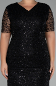 Black Short Sleeve Stone Midi Plus Size Evening Dress ABK2116