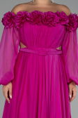 Fuchsia Boat Neck Long Sleeve Plus Size Chiffon Prom Gown ABU4131