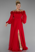 Red Boat Neck Long Sleeve Plus Size Chiffon Prom Gown ABU4131