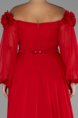 Red Boat Neck Long Sleeve Plus Size Chiffon Prom Gown ABU4131