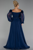 Navy Blue Boat Neck Long Sleeve Plus Size Chiffon Prom Gown ABU4131