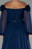 Navy Blue Boat Neck Long Sleeve Plus Size Chiffon Prom Gown ABU4131