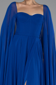 Sax Blue Strapless Shawl Sleeve Long Chiffon Evening Dress ABU4158