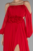Kırmızı Shoulder Decollete Long Sleeve Chiffon Prom Dress ABU4165