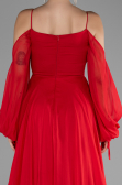 Kırmızı Shoulder Decollete Long Sleeve Chiffon Prom Dress ABU4165
