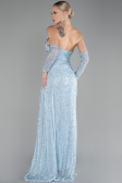 Light Blue Strapless Stony Long Slit Prom Gown ABU4163