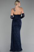 Navy Blue Strapless Stony Long Slit Prom Gown ABU4163