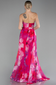 Fuchsia Strapless Slit Long Printed Satin Prom Dress ABU4169