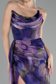 Purple Strapless Slit Long Printed Satin Prom Dress ABU4169