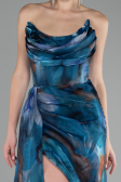 Oil Green Strapless Slit Long Printed Satin Prom Dress ABU4169