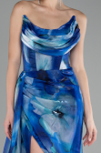 Sax Blue Strapless Slit Long Printed Satin Prom Dress ABU4169