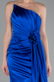 Sax Blue Strapless Slit Long Satin Evening Dress ABU4174