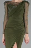 Olive Drab Stoned Long Sleeve Slit Plus Size Evening Gown ABU4119