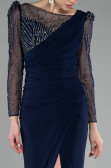Navy Blue Stoned Long Sleeve Slit Evening Gown ABU4117