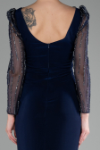 Navy Blue Stoned Long Sleeve Slit Evening Gown ABU4117