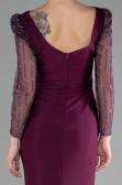 Cherry Colored Stoned Long Sleeve Slit Plus Size Evening Gown ABU4119
