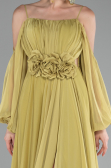 Fıstık Yeşili Shoulder Decollete Long Sleeve Chiffon Prom Dress ABU4165