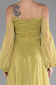 Fıstık Yeşili Shoulder Decollete Long Sleeve Chiffon Prom Dress ABU4165