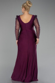 Cherry Colored Stoned Long Sleeve Slit Plus Size Evening Gown ABU4119