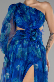 Sax Blue One Sleeve Slit Long Patterned Prom Gown ABU4206