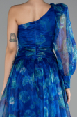 Sax Blue One Sleeve Slit Long Patterned Prom Gown ABU4206
