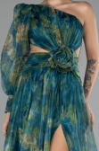 Emerald Green One Sleeve Slit Long Patterned Prom Gown ABU4206