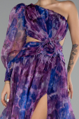 Violet One Sleeve Slit Long Patterned Prom Gown ABU4206