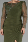Olive Drab Stoned Long Sleeve Slit Plus Size Evening Gown ABU4119
