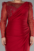 Red Stoned Long Sleeve Slit Plus Size Evening Gown ABU4119
