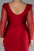 Red Stoned Long Sleeve Slit Plus Size Evening Gown ABU4119