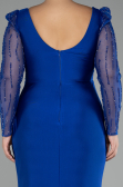 Sax Blue Stoned Long Sleeve Slit Plus Size Evening Gown ABU4119