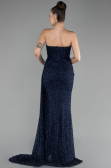 Navy Blue Strapless Slit Beaded Long Evening Gown ABU4114