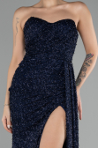 Navy Blue Strapless Slit Beaded Long Evening Gown ABU4114
