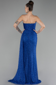 Sax Blue Strapless Slit Beaded Long Evening Gown ABU4114