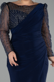 Navy Blue Stoned Long Sleeve Slit Plus Size Evening Gown ABU4119
