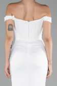 White Boat Neck Slit Long Prom Gown ABU4264