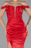 Red Boat Neck Slit Long Prom Gown ABU4264