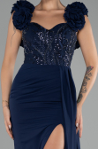 Navy Blue Slit Strap Flowers Long Chiffon Evening Gown ABU4272