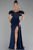 Navy Blue Slit Strap Flowers Long Chiffon Evening Gown ABU4272